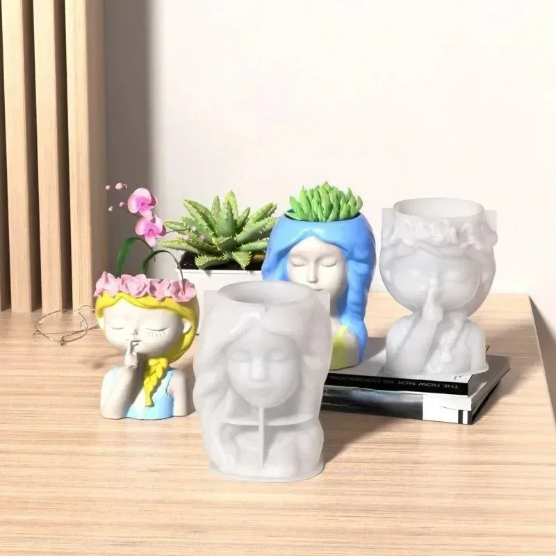 Silicone Mold 3D Cute Girl Flower Pot Mould DIY Handmade Crafts Plaster Candle Crystal Epoxy Resin Mold For Home Decors