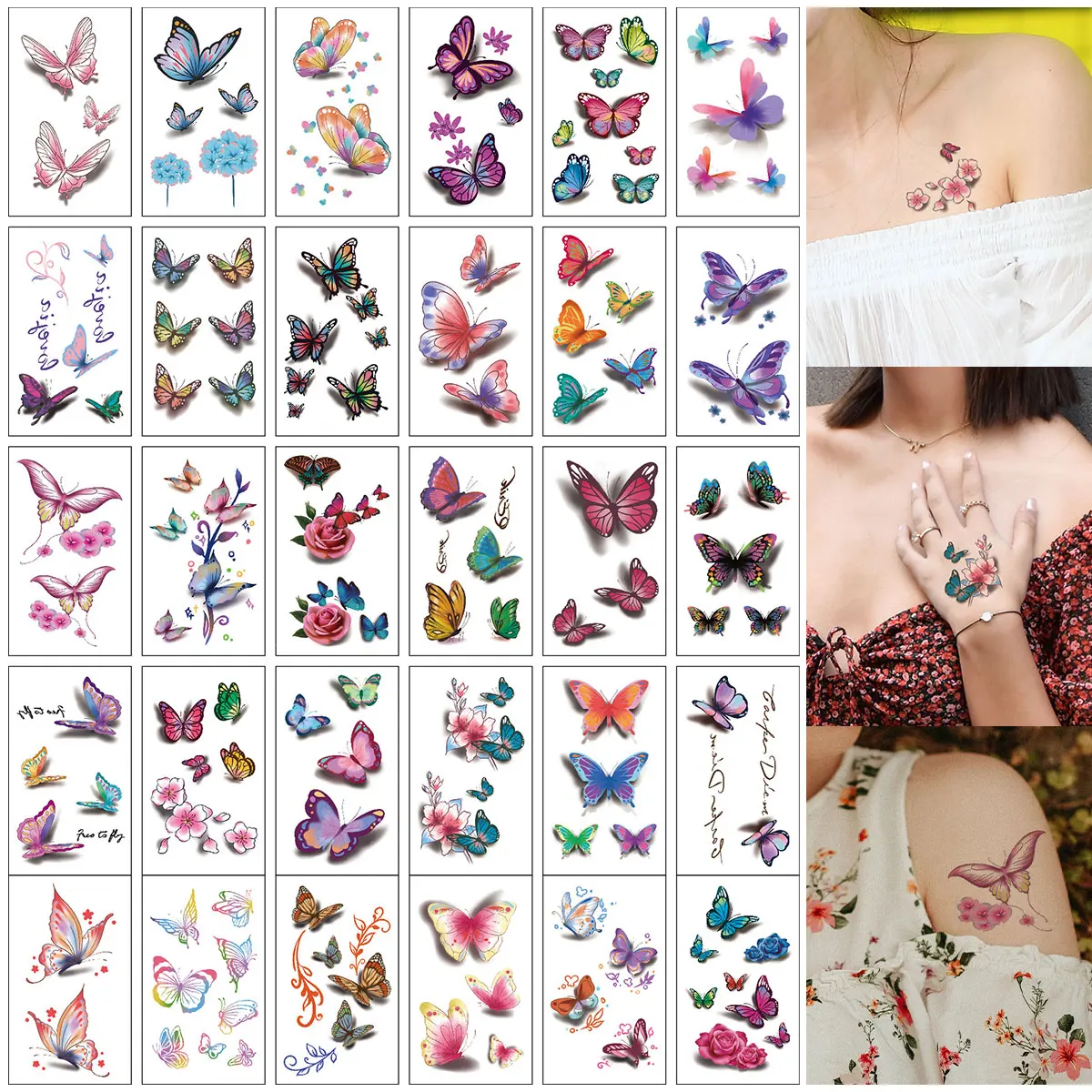 30 Sheets 3D Texture Waterproof Colorful Butterfly Temporary Tattoo Stickers