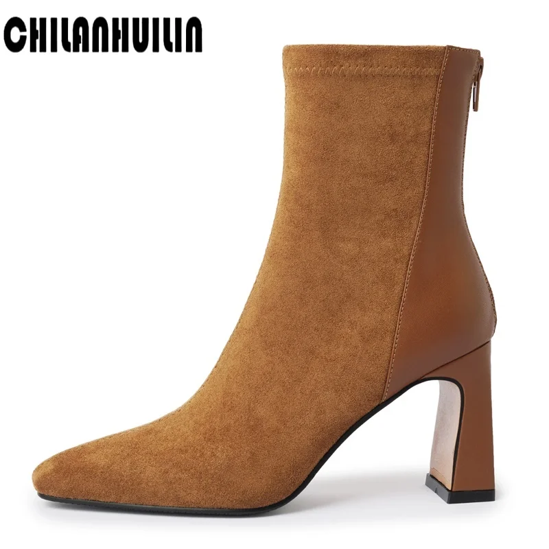

brand elastic mixed leather autumn winter shoes women ankle boots square toe thick high heel lady party shoes slim sock boots