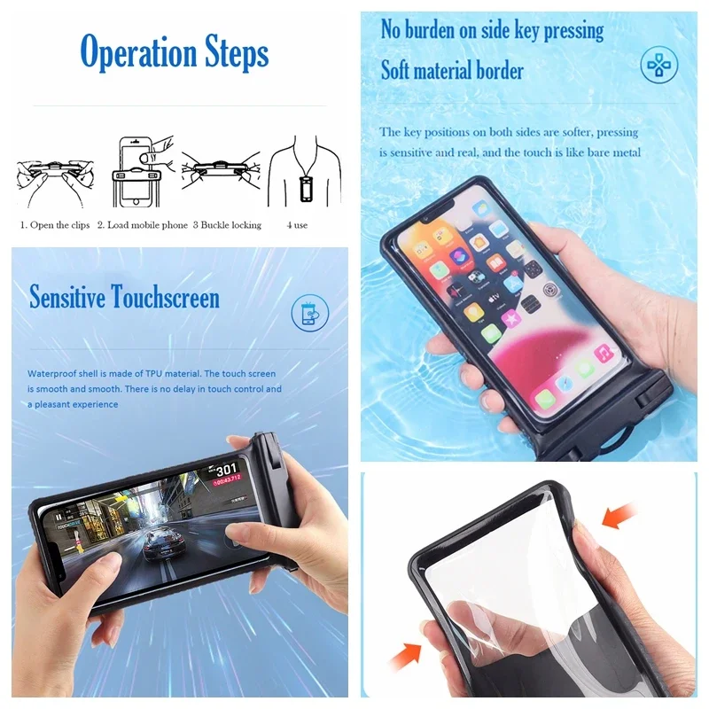 7 inch Anti-Falling Waterproof Phone Bag Touchscreen Swimming Drifting Boating Diving Surfing River Trekking Phone Case Holder 5