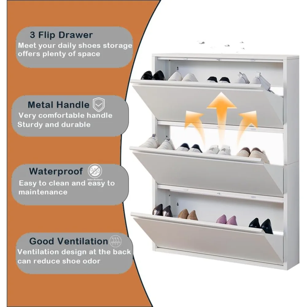 Slim Wall Mount Shoe Cabinet with Flip Drawers, Hidden Storage for Entryway, White Metal Rack