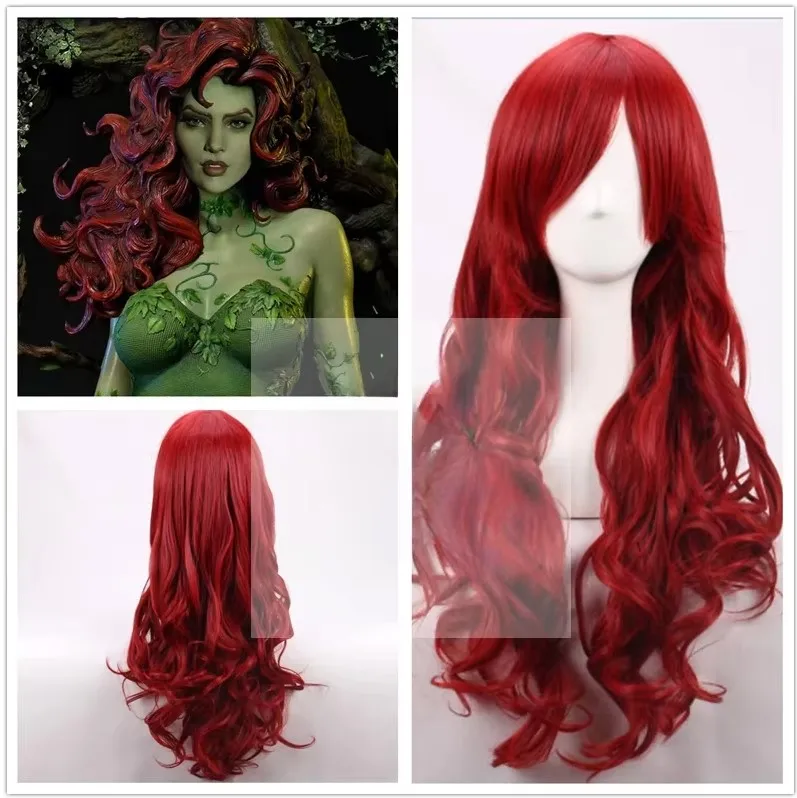 Anime Poison Ivy Cosplay Wigs 70cm Dark Red Long Wavy Heat Resistant Synthetic Hair Wigs Costume Party