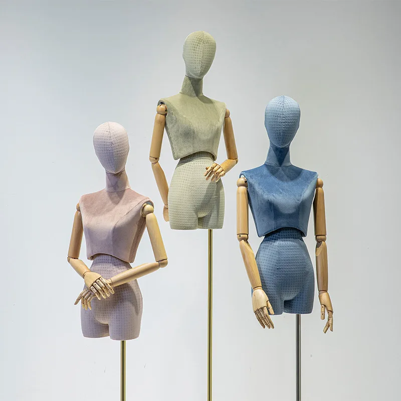 

Wood Arm Fabric Cover Female Head Half Mannequin Body Metal Base for Wedding Display Twist Split Waist Women Model