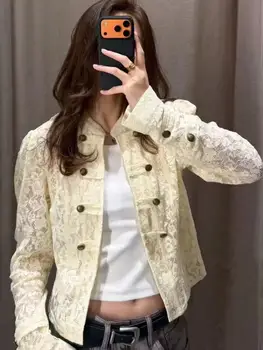 Nouvelle veste courte à col montant et manches longues pour femme, automne 2026, ornée d'un nœud en dentelle, vêtement décontracté et ajusté pour usage quotidien.