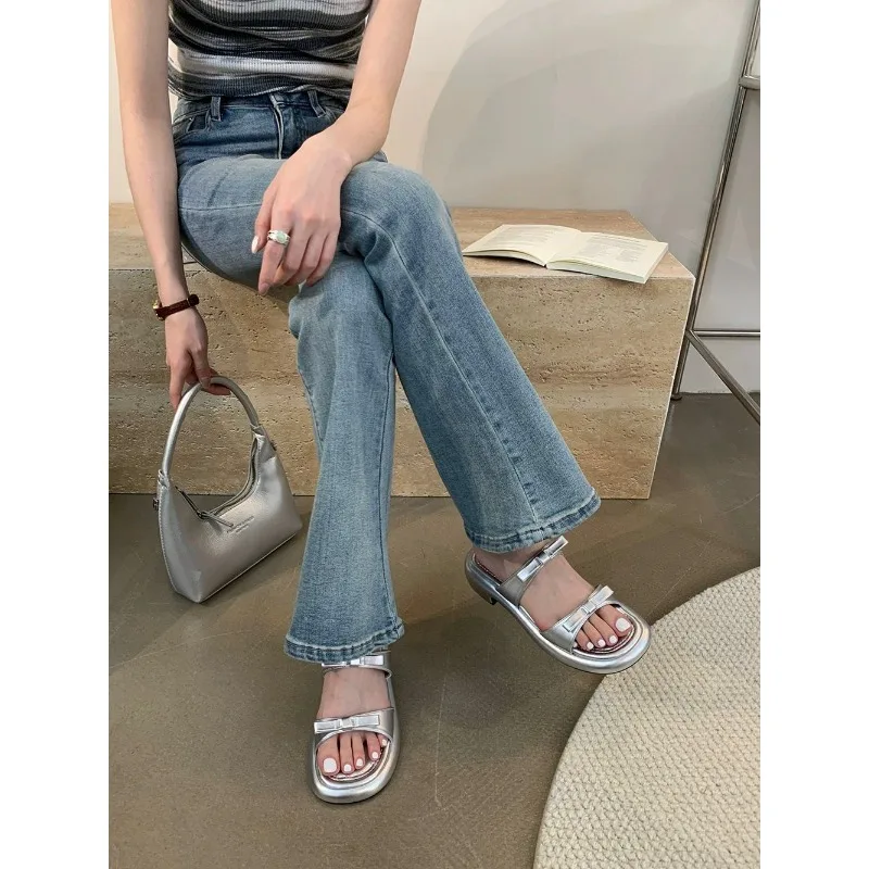 New Summer Women's Slippers 2024 Stylish Peep-toe Low Heel Silver Women's Comfortable Beach Shoes Sapatilas — view 4