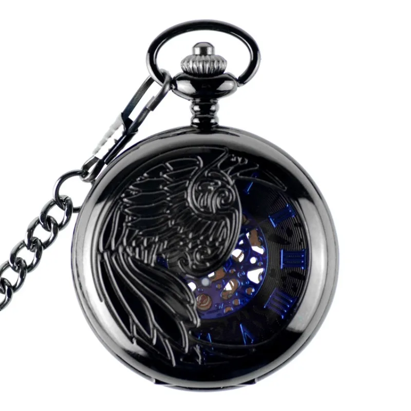 

Phoenix Hollow Steampunk Black Case Blue Roman Number Men's Hand Wind Mechanical Pocket Watch with Fob Chain Nice Xmas Gift