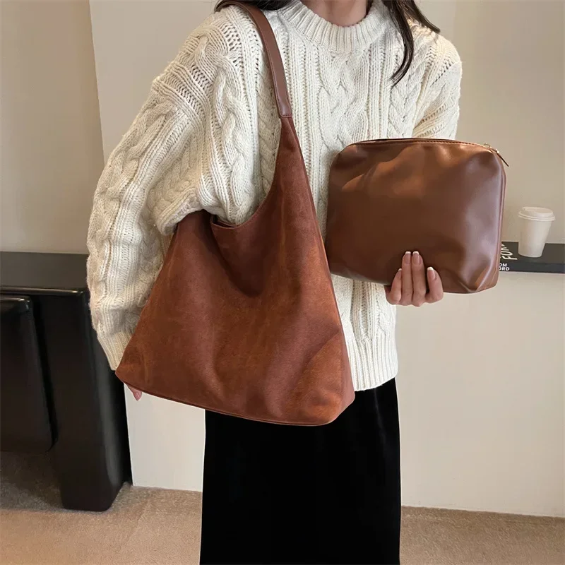 New Vintage 2pc Women's Bag Large Capacity Suede Shoulder Bag Solid Color Simple Casual Commuter Bag Retro Handbags