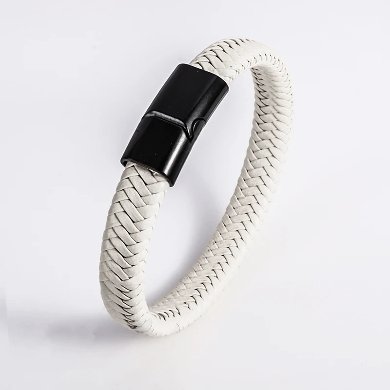 Unisex Trend Bangle Couple Jewelry White Woven Leather Metal Magnetic Button Bracelet