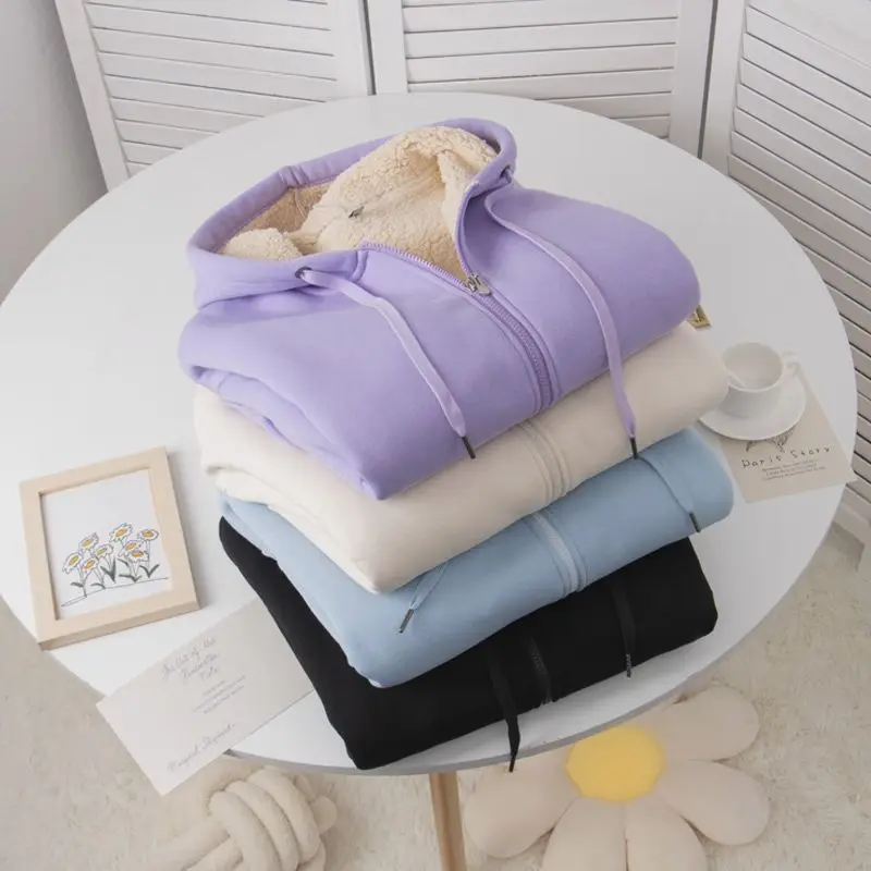 

Lamb Cashmere Long Sleeve Hooded Warm Hoodie for Women's 2023 Autumn/winter New Solid Color Casual Sports Cardigan Jacket