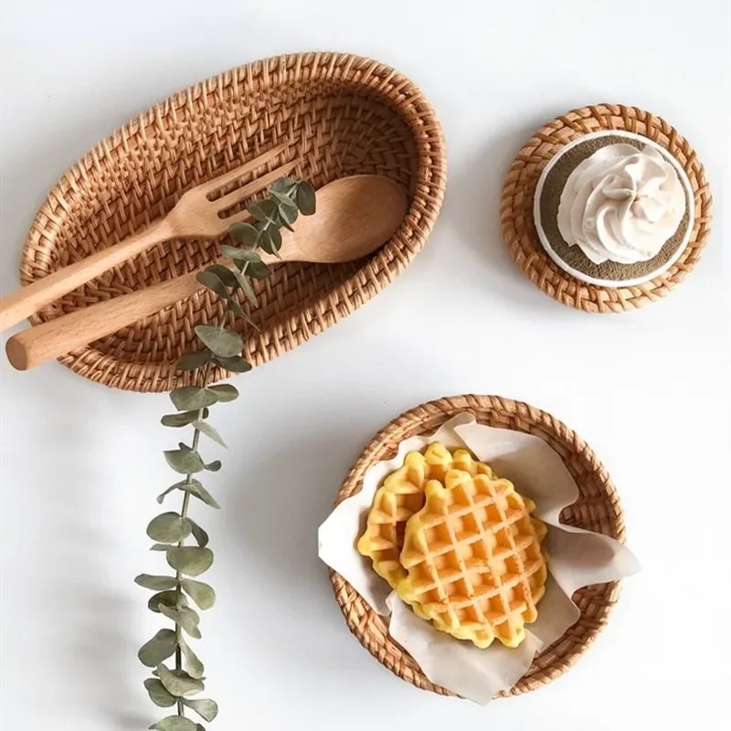 

New Handwoven Rattan Round Wicker Basket Fruit Tea Snack Bread Tray Picnic Snacks Storage Box Kitchen Supplies Basket Fruit Tray