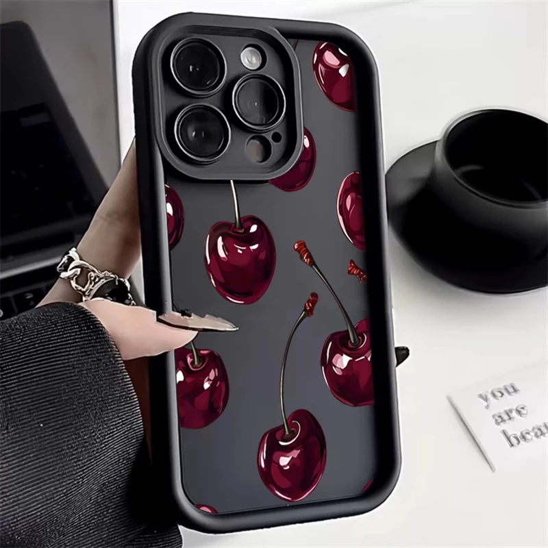 Elegant Wine Red Cherry Print Silicone Phone Case - Soft, Stylish Back Cover