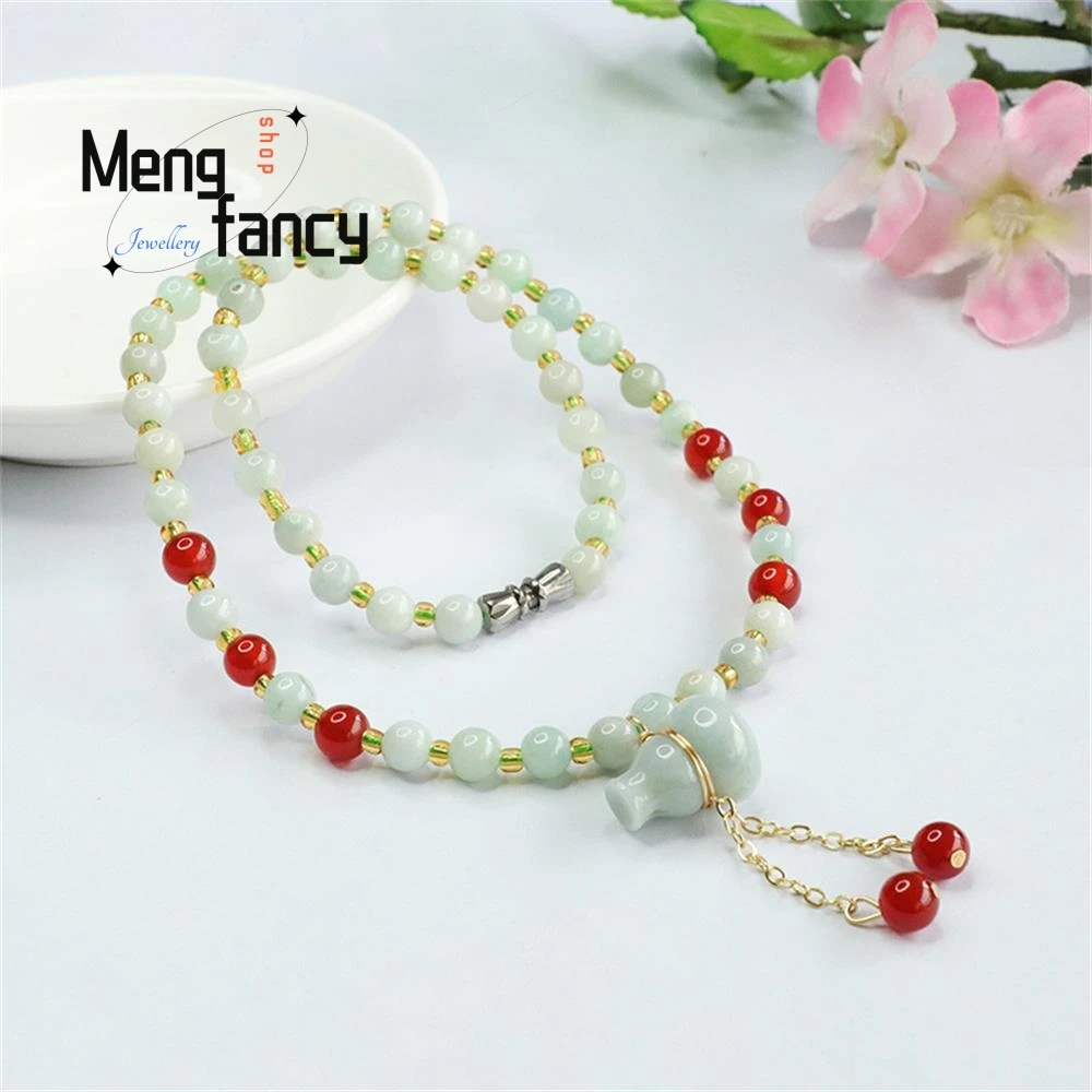 Natural Jadeite Exquisite Elegant Simple High-grade Necklace Jade Gourd Red Agate Bead Chain Luxury Quality Jewelry Holiday Gift