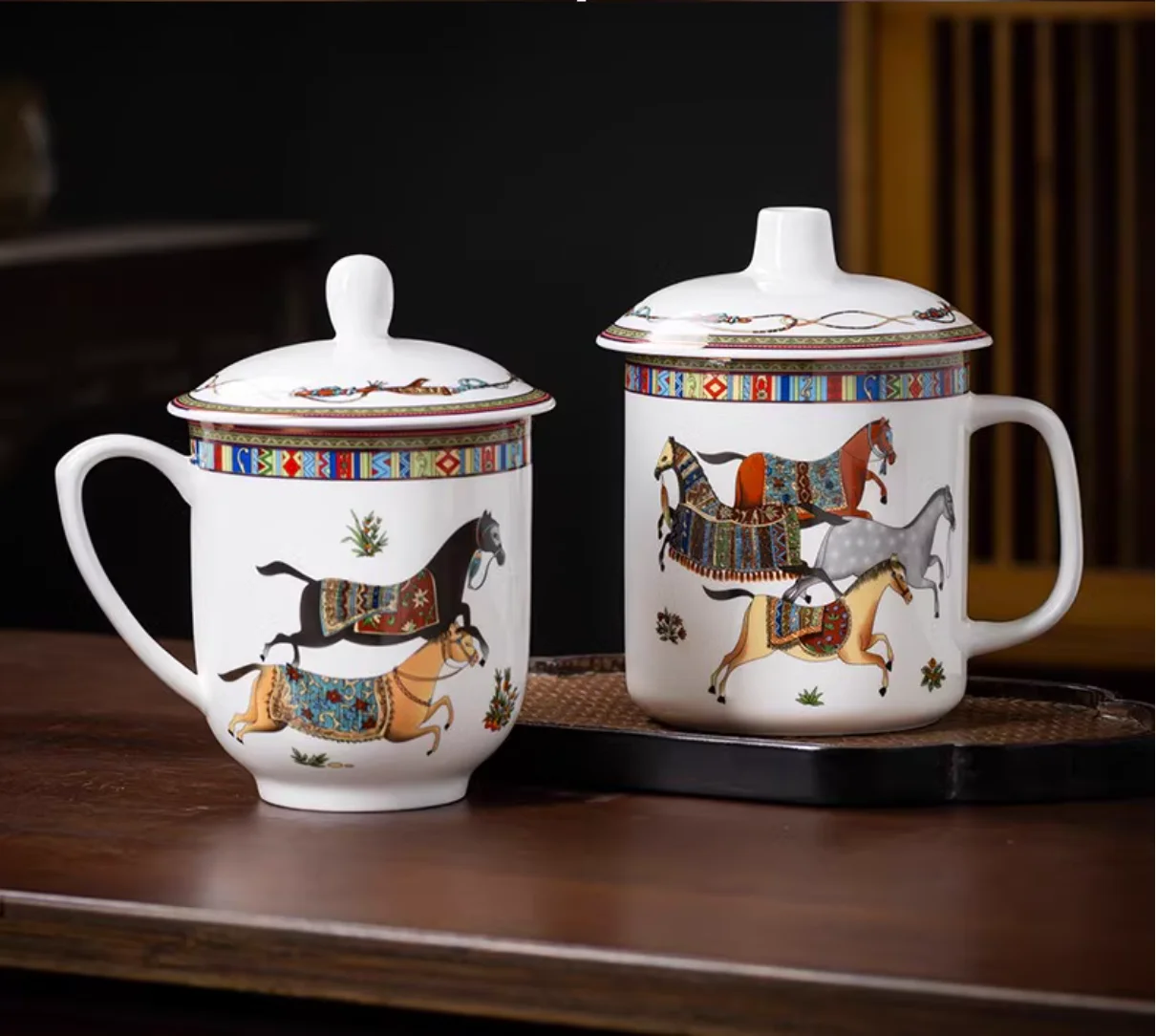 High bone China oriental horse office teacup with cover Jingdezhen porcelain love horse hotel conference tea cup
