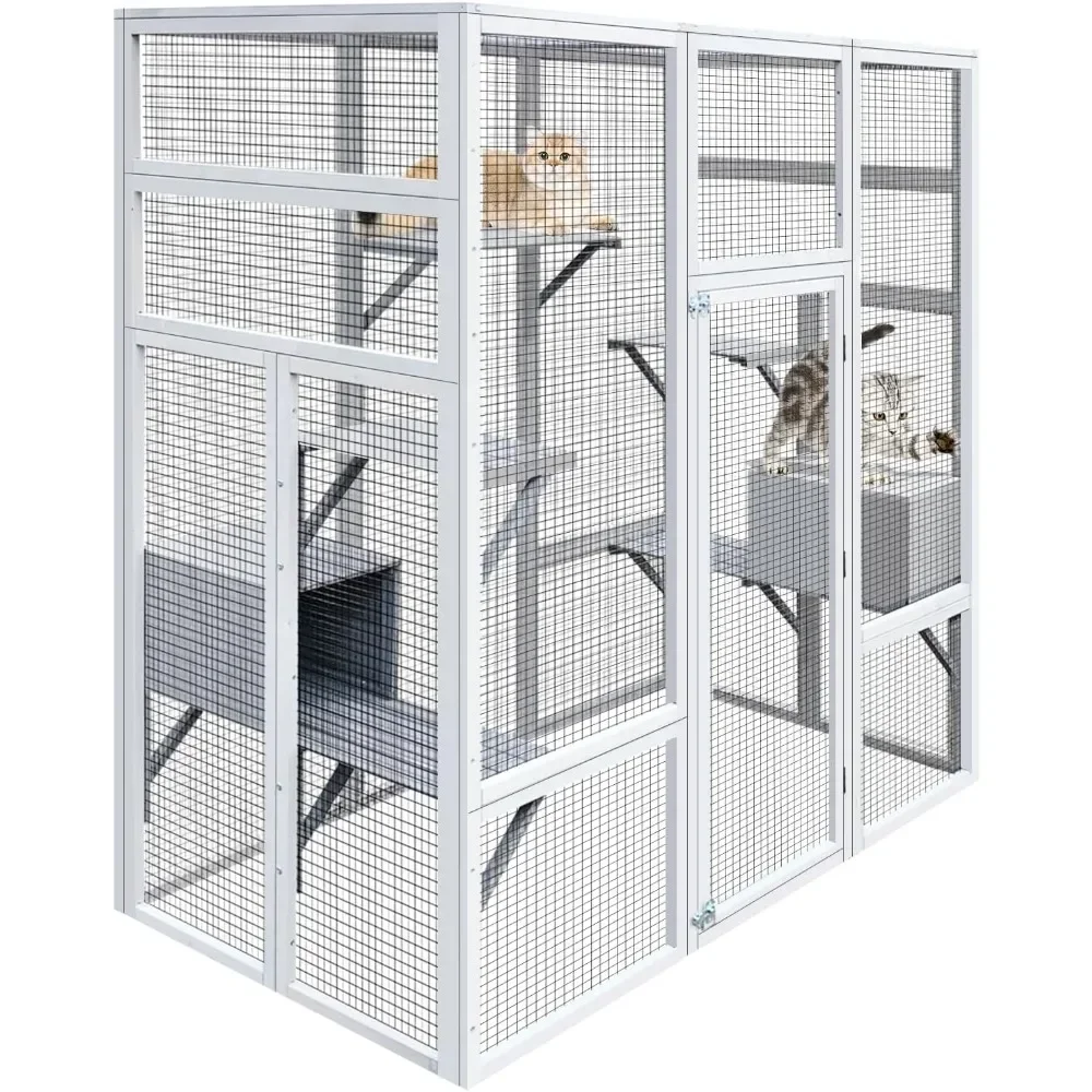 72 Inch Wooden Catio Outdoor Cat Enclosure w/ 2 Napping Houses, Luxury Kitty-House with 7 Jumping Platforms