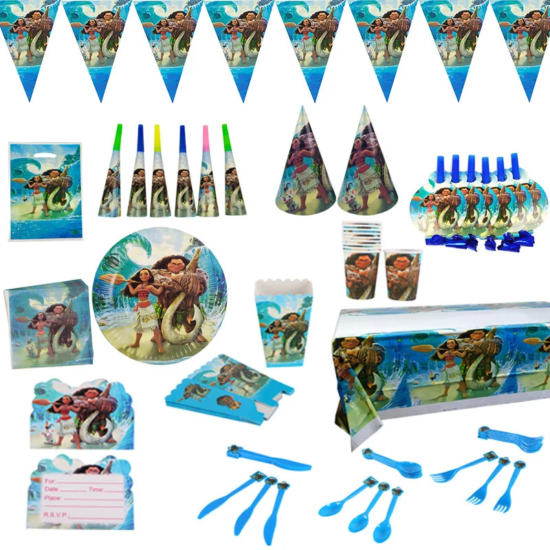 Disney Themed Moana Cartoon Kids Birthday Party Baby Shower Balloons Disposable Cutlery Set Cup Plate Napkins Candy Box Banner
