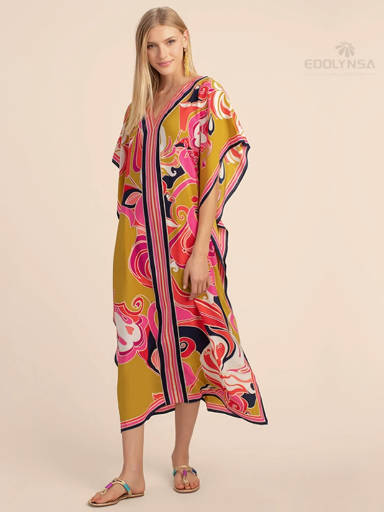 Long Kaftan Bohemian Printed Bikini Cover-ups Sexy V-neck Half Sleeve Maxi Dress Tunic Women Beach Wear Swim Suit Cover Up Q1333 2