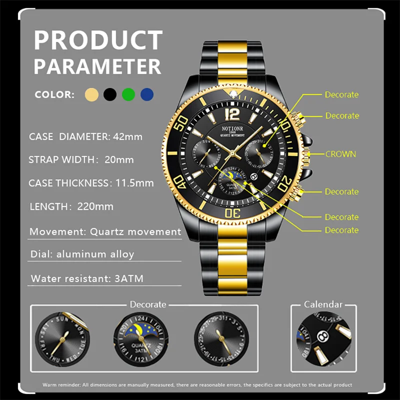 NOTIONR Luxury Men's Fashion Watches for Men Stainless Steel Quartz Watch Man Business Luminous Clock relogio masculino