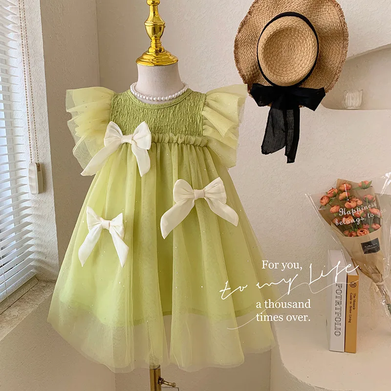 

2023 Summer New Girls' Dress Western Style Comfortable Gauze Skirt Mesh Princess Dress Baby Flounced Sleeve Skirt