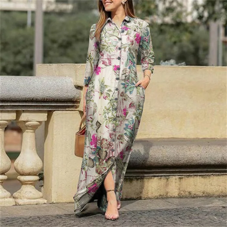 Elegant Shirt Maxi Dress for Women 20223 Autumn Fashion Long Sleeve Print Dresses Streetwear Vintage Harajuku Casual Loose Robe
