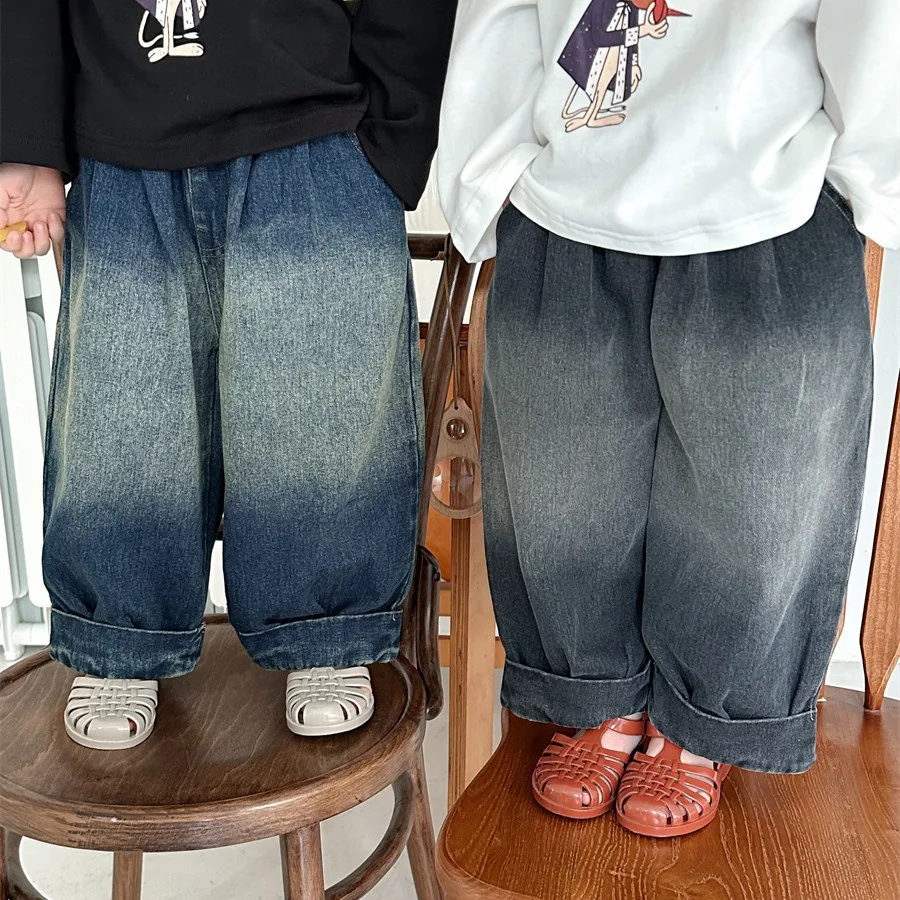 

Straight Leg Pants Children Clothing Spring Season Make Old Jeans Boys Girls Baby Loose Fitting Trousers 2024 Loose