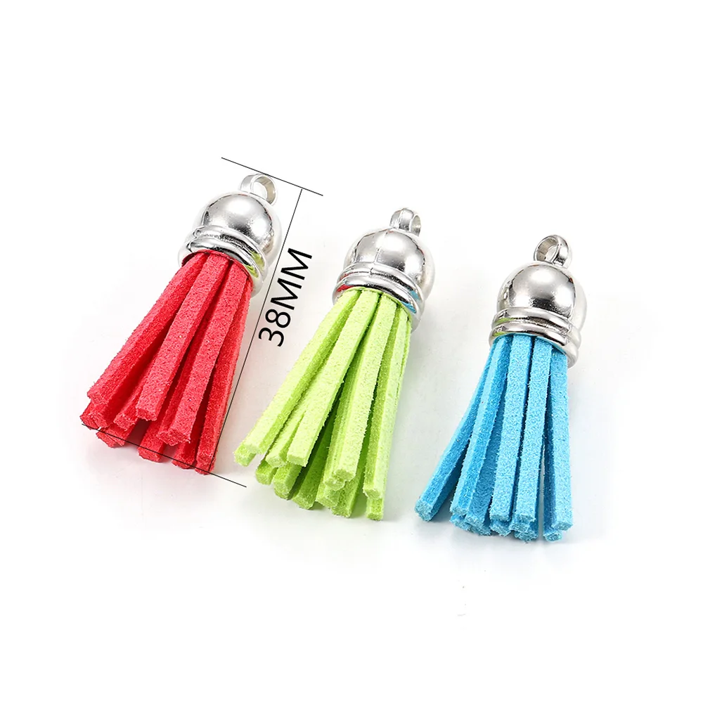 Elegant Leather Tassel Charms with Gold and Silver Caps - Set of 20 for DIY Jewelry and Keychain Crafts
