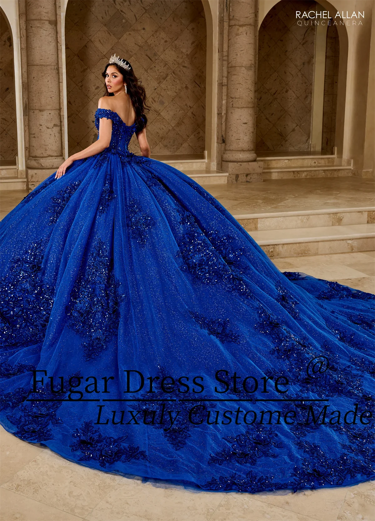 Luxuly Royal Blue Princess Quinceanera Dresses Embroidered Applique Long Off Shoulder Taffeta Vestidos De 15 Anos 24