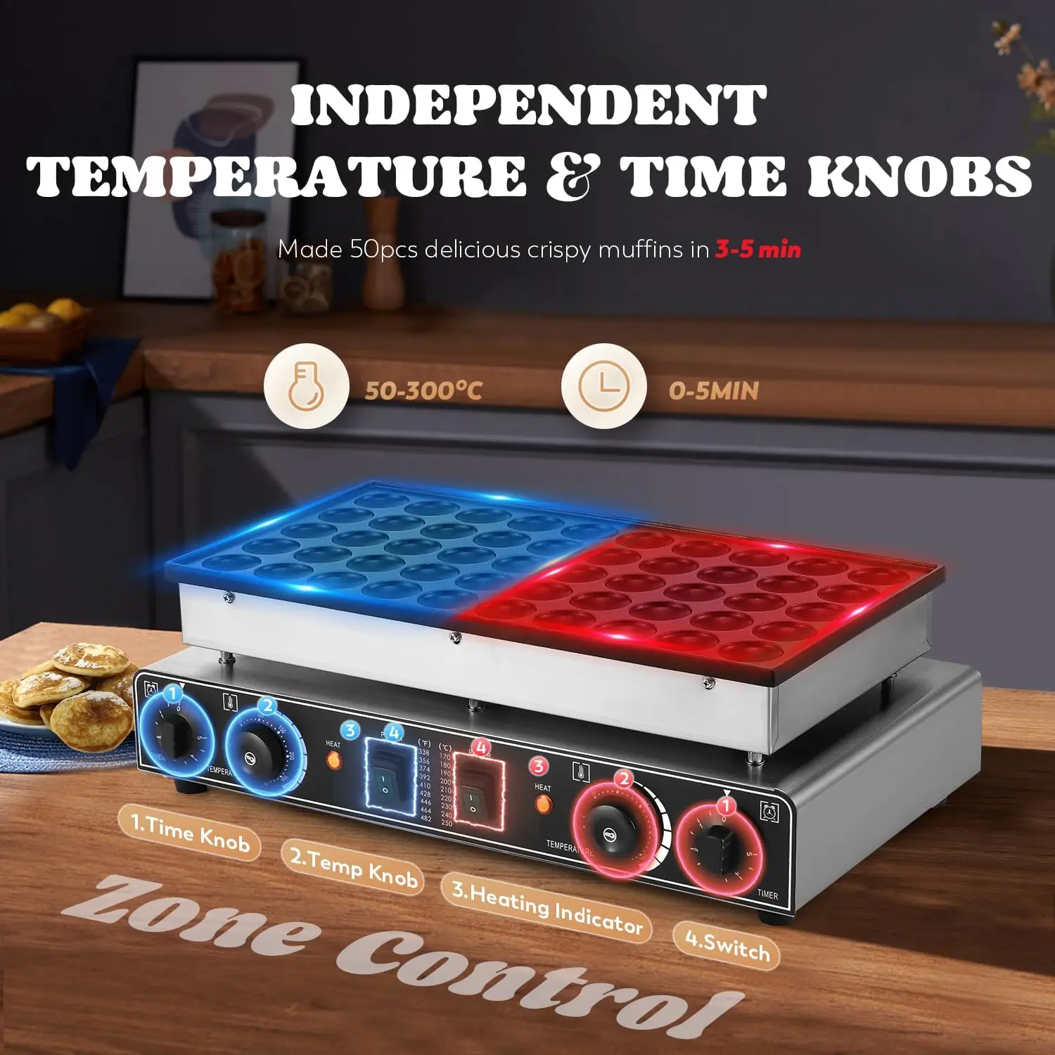 Mini Dutch Pancake Maker 50PCS, Commercial Non-stick Pancake Baker Machine 50-300℃ Temp and 0-5 Time Control Electric Muffin Mak 4