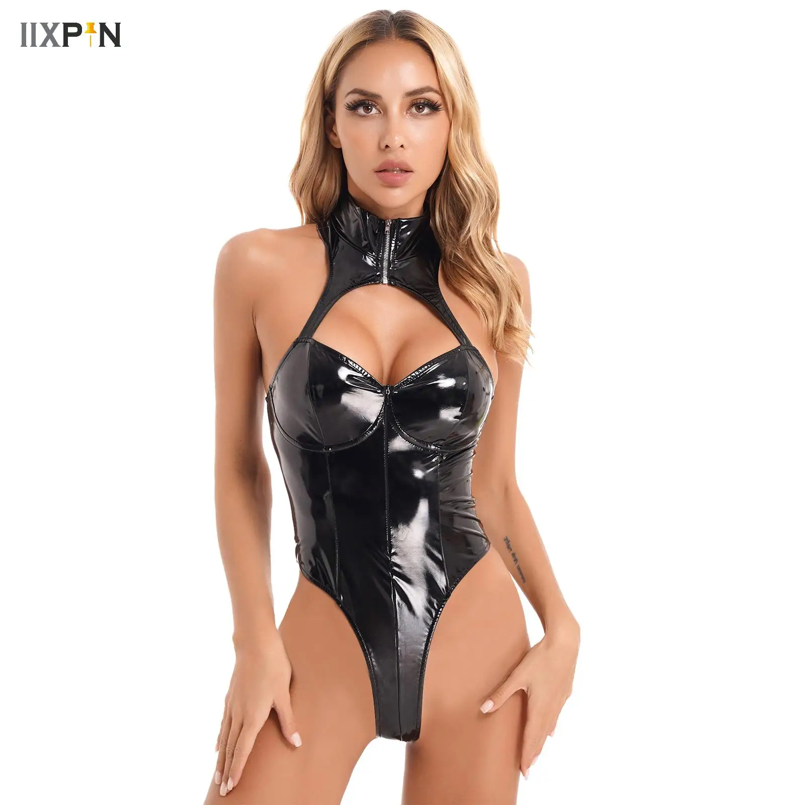 Porno Lingerie Women Underwear Patent Leather Sexi Cutout Bodysuit Babydoll Teddy Female Lenceria For Sex Costume Exotic Apparel