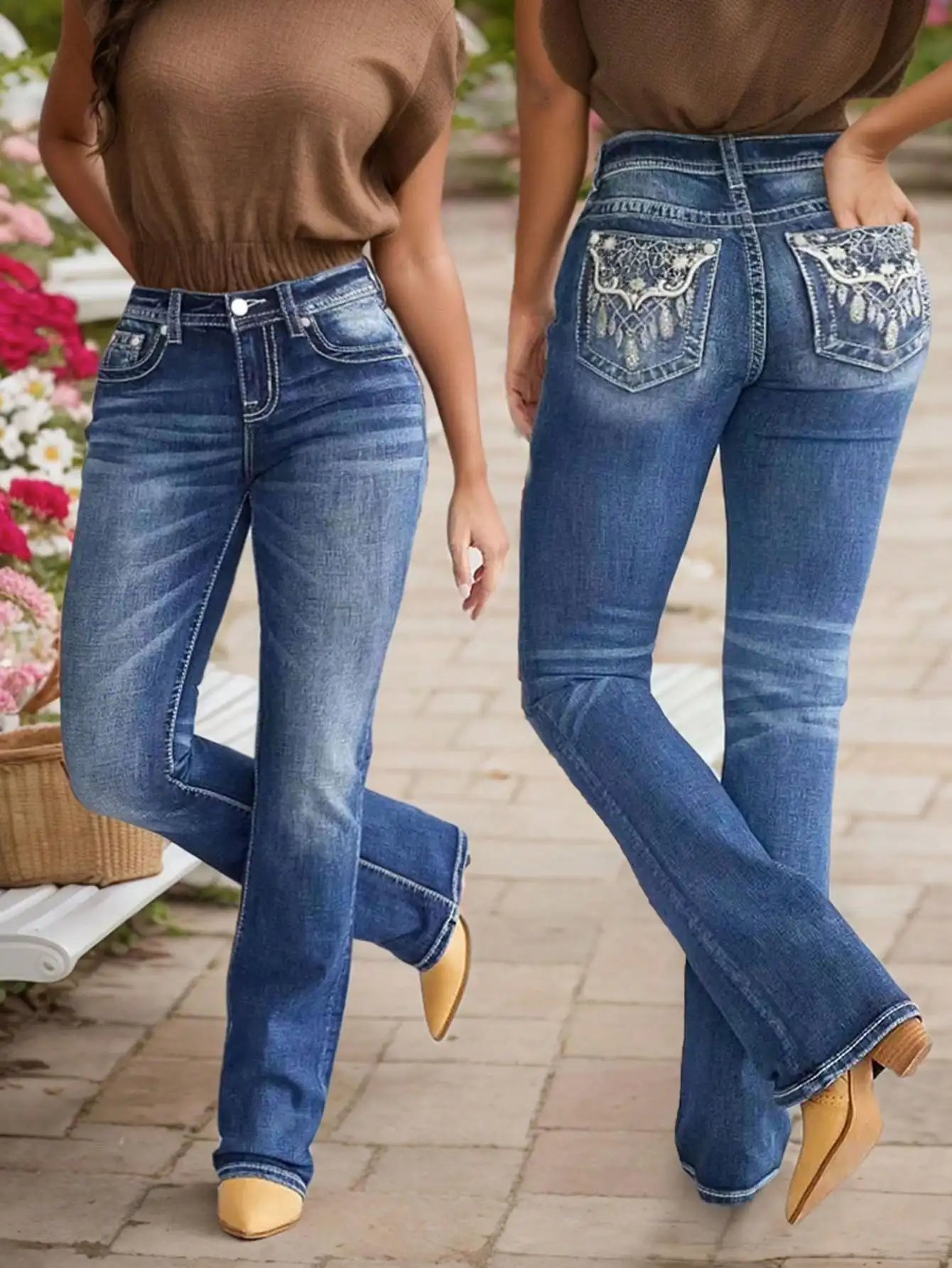 Jean taille haute mini évasé poches et pli marqué