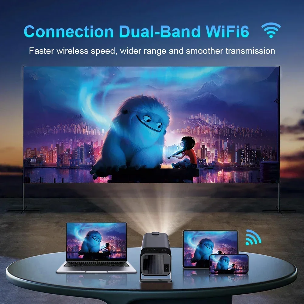Projetor HY320 Android 11 WiFi 6 BT 5.0 390ANSI Allwinner H713 1080P 4K Suporte para casa ao ar livre Mini port&aacute;til laser projector