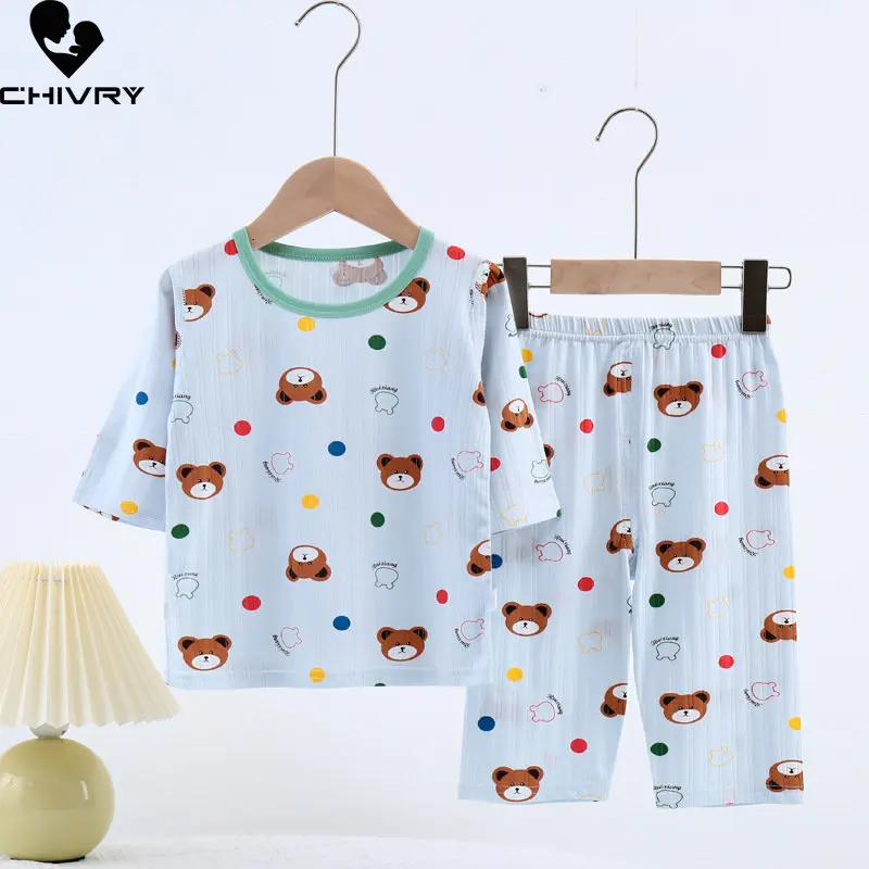 

Kids Summer Thin Silky Pajamas Sets New Boys Girls Cartoon Three-quarter Sleeve O-neck T Shirt Tops with Pants Baby Homewear