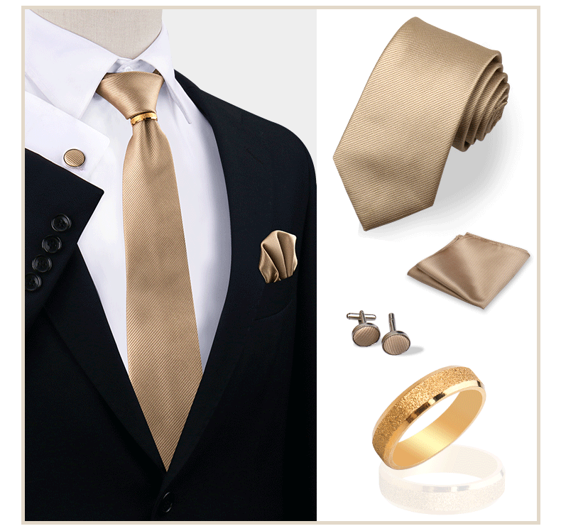 Luxus-Krawattenset in Uni-Farbe für Herren, Krawatte, Taschentuch, Manschettenknöpfe mit goldenem Metallring, Brosche, Anzug, Hochzeit, Herren-Accessoires – Detail 17