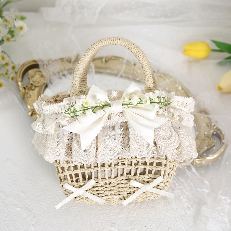 INS Style Coutryside Wheat Straw Handbags For Girls Women Small Handmade Woven Beach Bags With Lace Flower Bags 5
