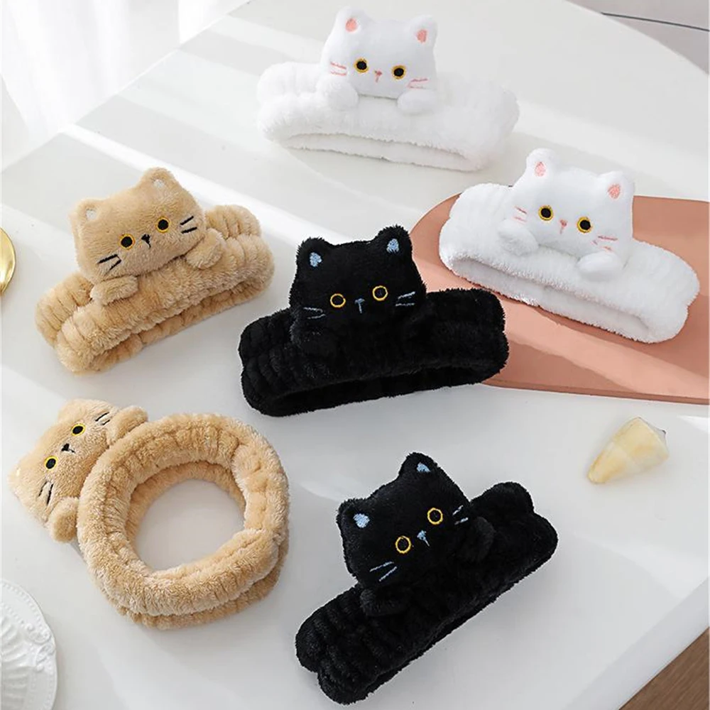 1pcs Cartoon Cat Headband Female Plush Face Wash Headband Non-slip Facial Mask Special Headdress Cat Ear