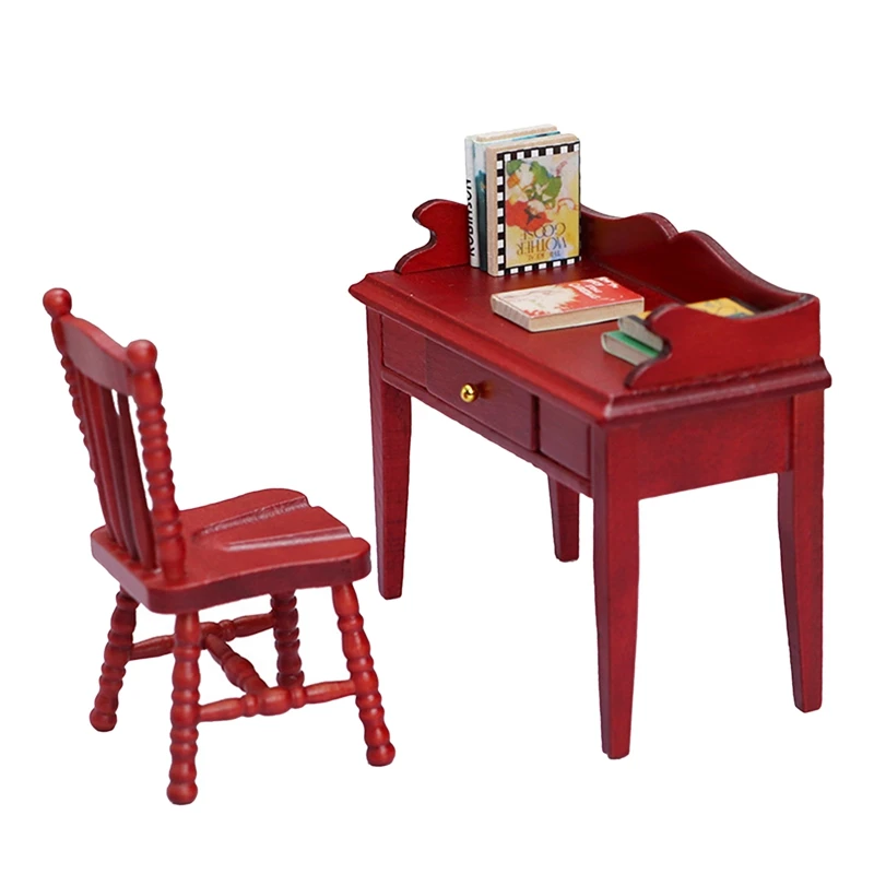 

1/12 Dollhouse Miniature Wooden Desk Chair Set Dolls House Room Furniture Decor Accessories
