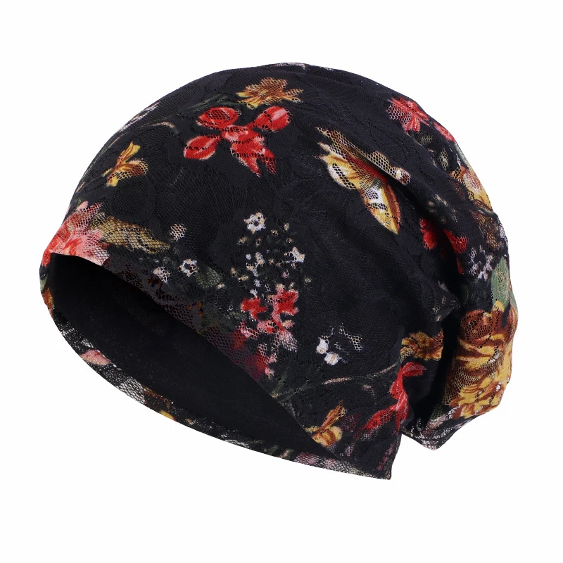 New Women Print Turban Cap Hat Stretch Lace Hijab Scarf Cancer Chemo Beanie Headscarf Hair Loss Head Wrap Slouch Bonnet Headwear 3