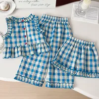 Children's Clothing Sets Blue Plaid Floral Print Sleeveless Top + Wide Leg Pants + Shorts 3 Pcs Sets Kids Clothes for Girls