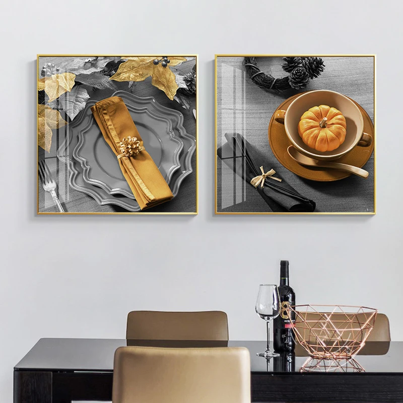Modern Advanced Tableware Pictures Canvas Painting Coltello Arancione E Forchetta Red Rose Wine Poster Stampe Per La Decorazione Della Sala Da Pranzo