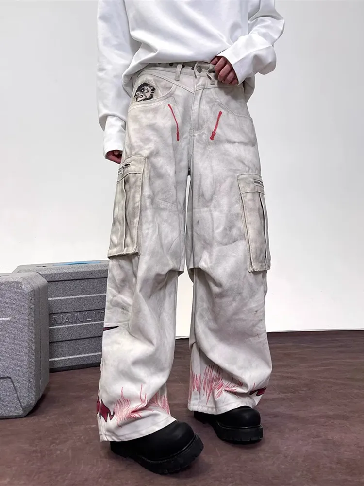 2025 Cyber Y2K Streetwear Dirty Washed White Baggy Cargo Jeans Pants For Men Clothing Wide Leg Straight Vintage Long Trousers 1