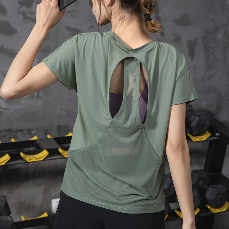 

Summer Breathable Loose Back Hollow Net Yarn Splicing Sports Short-Sleeve T Shirt Women Stretch Running Quick-Drying Yoga Shirt