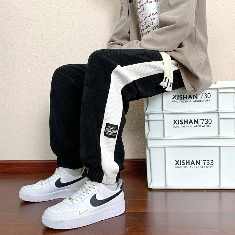 Loose Straight Pants for Men's Autumn and Winter High Waisted Elastic Patchwork Drawstring Pockets Versatile Casual Pants Men Jogger Pants