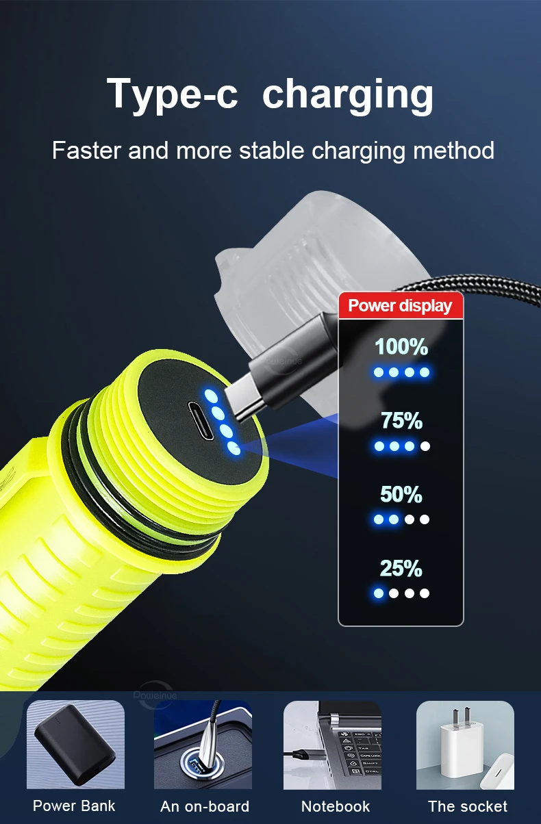 Description Picture 3 of item5000mAh Diving Flashlight 2*XHP50 LED Lantern Rechargeable Torch Light IPX8 Waterproof Professional Diving Scuba Flashlights