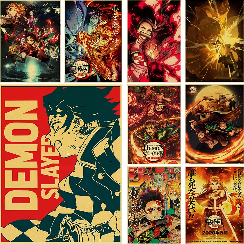 

Anime Kimetsu No Yaiba Posters Demon Slayer Tanjirou Inosuke Retro Kraft Paper Room Home Bar Cafe Decor Art Wall Painting Poster