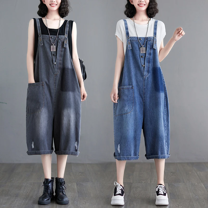 

2023 Summer New Korean Loose Large Denim Strap Pants Wide Leg Jumpsuit Women Fashion Loose Jeans Rompers Calf-Length Pants