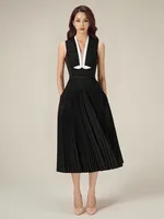 فستان دينم بطيات بلا أكمام للنساء ، رقبة في ، خصر مرتفع ، فساتين أنيقة نسائية ، لؤلؤ ، موضة ، صيف ، جديد ، ، 13DB1534 1