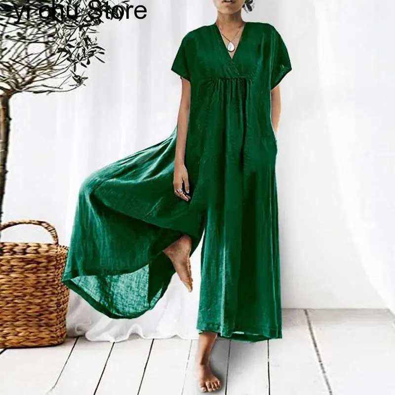 

New Vintage Summer V Neck Solid Color Jumpsuit Causal Pockets Loose Wide-Leg Pants Elegant Women Short Sleeved Office OL Romper