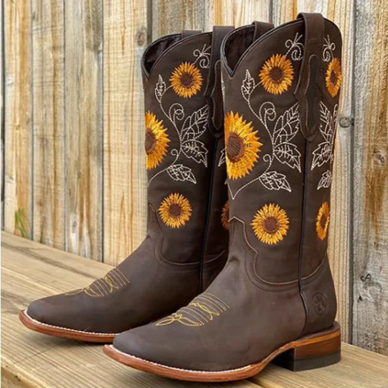 Winter Women Fashion Boots Outdoor Comfort Walking Shoes Embroidery Brown Leather Boots Deep High Tube Female Casual Shoe Botas - 4