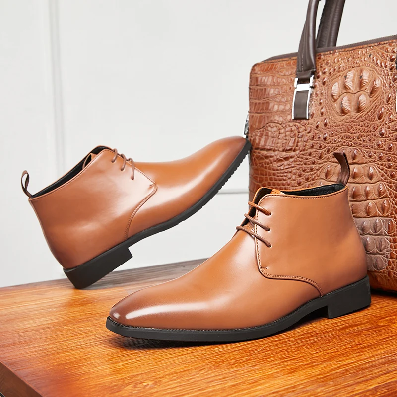 

Men Brand Short Business Dress Leather Boot Man Lace Up Square Toe High Top Casual Fashion Chelsea Boot Free Shipping Size 38-48