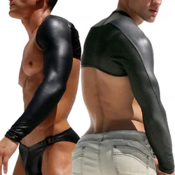 Man Sexy Faux Leather Harness Crop Tops T Shirts Black Leather Men Long Sleeve Wrestling Shirts Gay Sexy Clubwear Party Costume