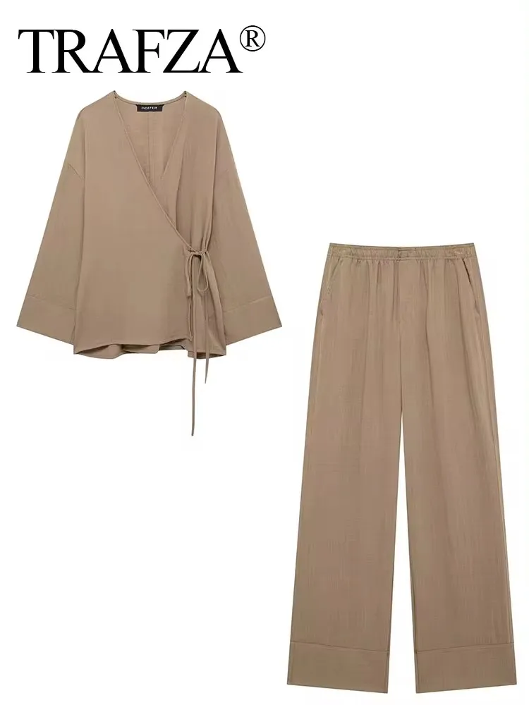 TRAFZA Women Vintage Solid Blouse Pant Suit Long Sleeve V Neck Lace Up Shirt Elastic Waist Casual Trouser Pajama Style Sets